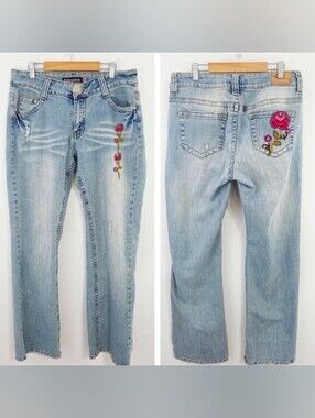 Vintage Y2K Rose Embroidered Jeans Retro Wide Leg Floral Bubblegum Size 14